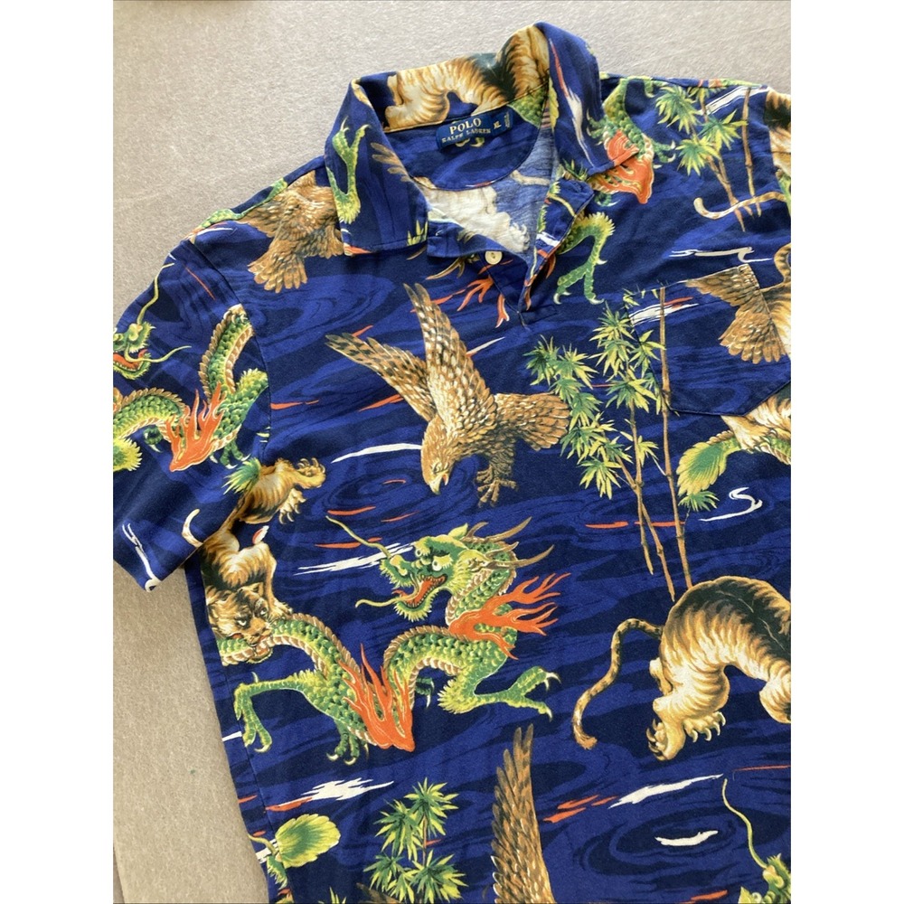 Polo Ralph Lauren Dragon Tiger Eagle All Over Print Polo Shirt Men's Sz XL Blue - Picture 2 of 9